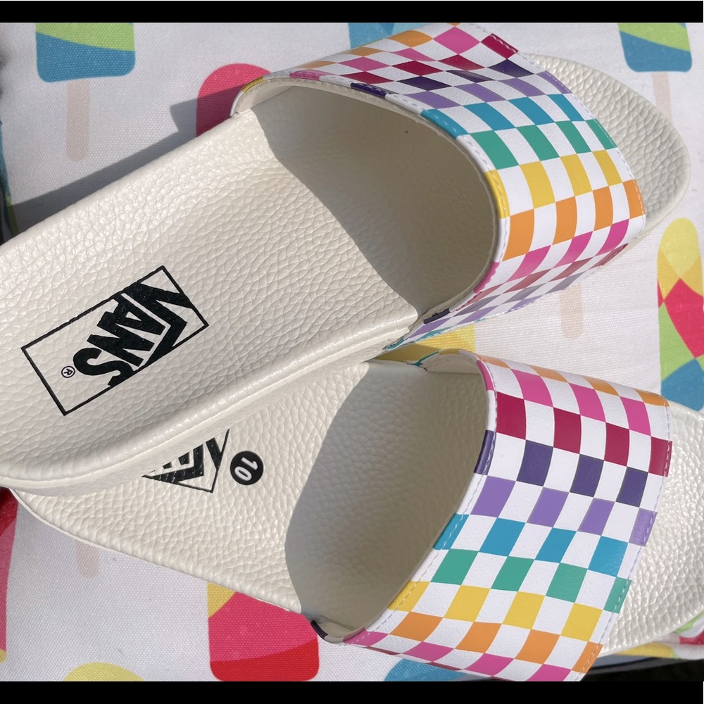 VANS slides- rainbow checkered print- Size US 10